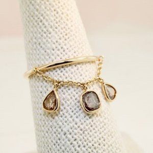 Colored Diamond Three Stone Dangling Chain Ring 14K Yellow Gold
